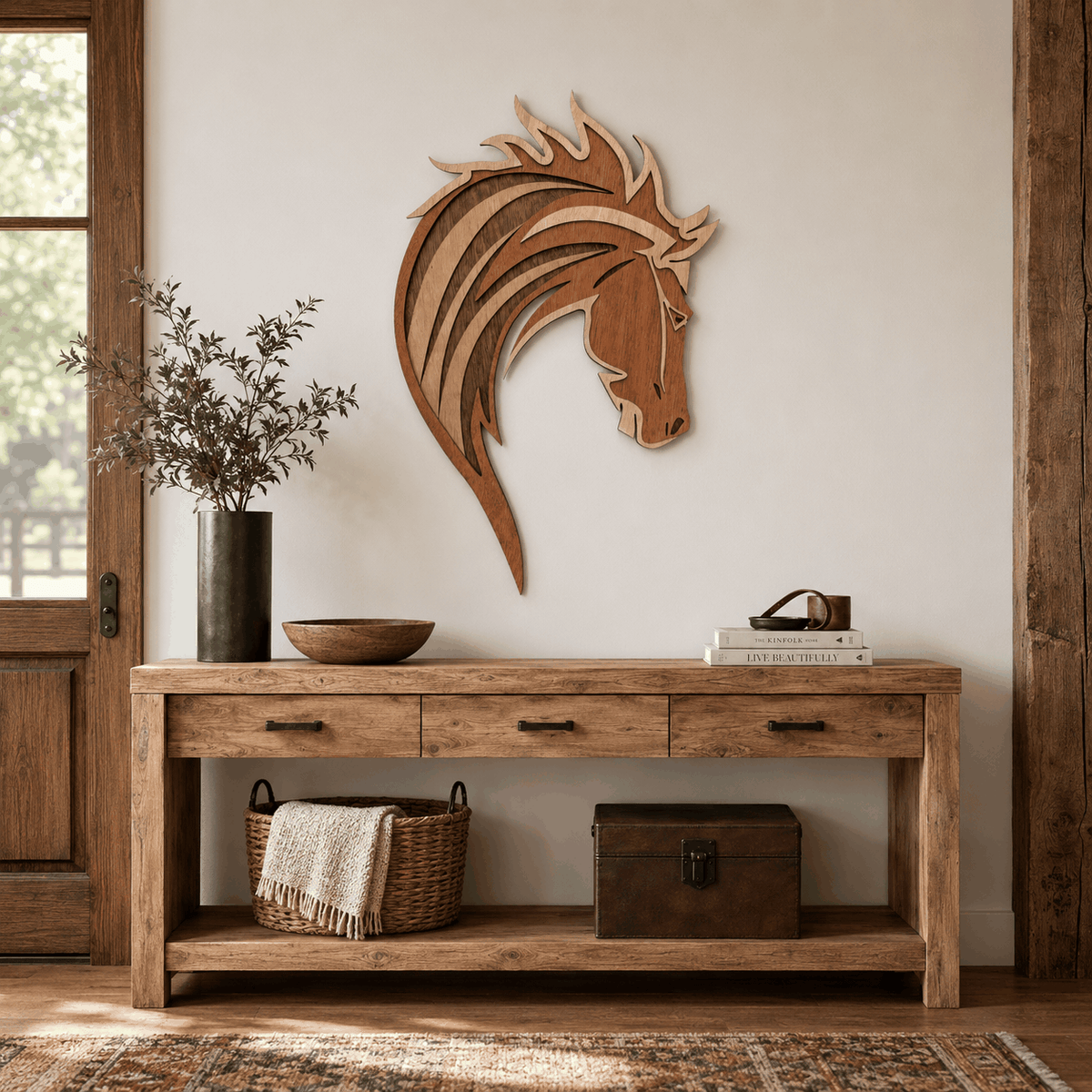 Layered wooden mustang horse head wall art with flowing mane