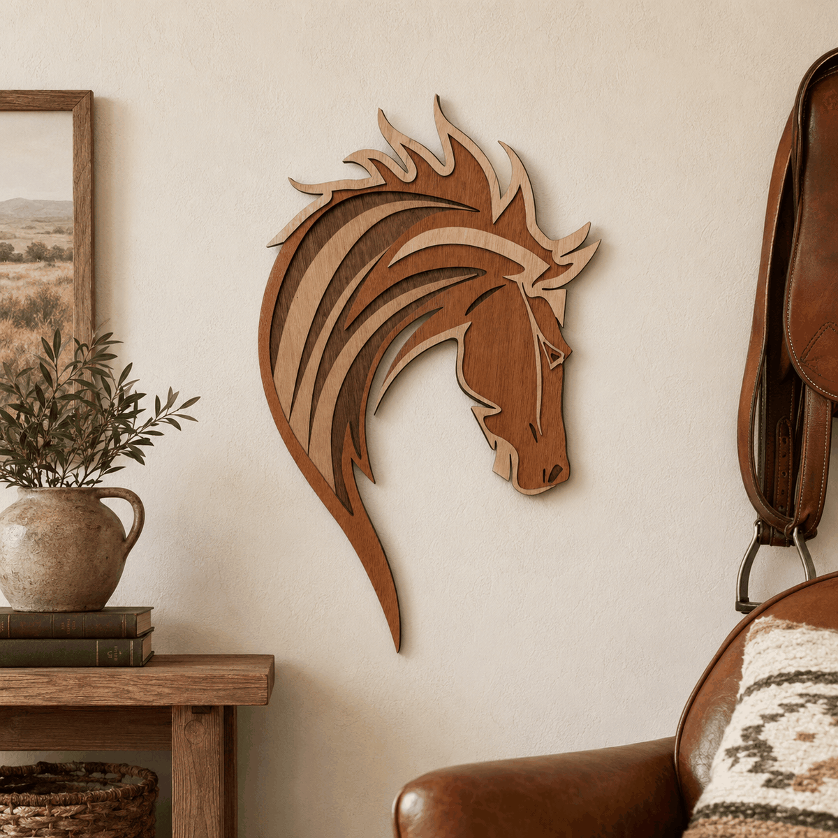 Layered mustang horse head wood wall art with flowing mane