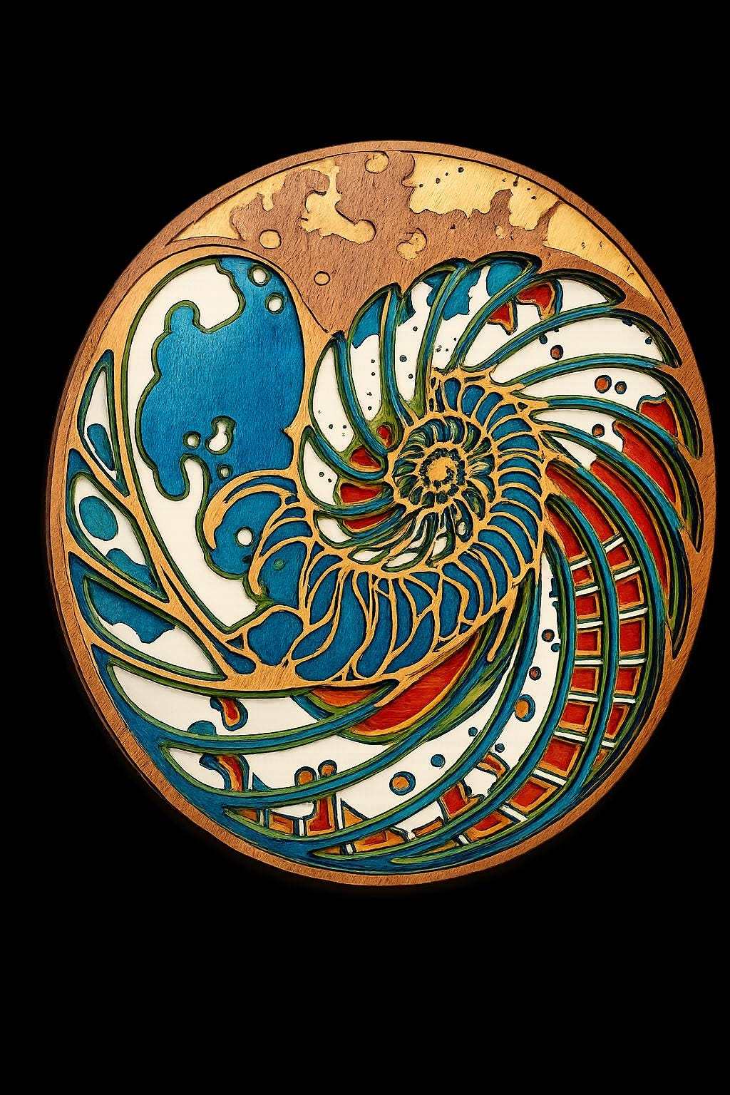 Handmade layered wood nautilus shell wall art with colorful ocean hues