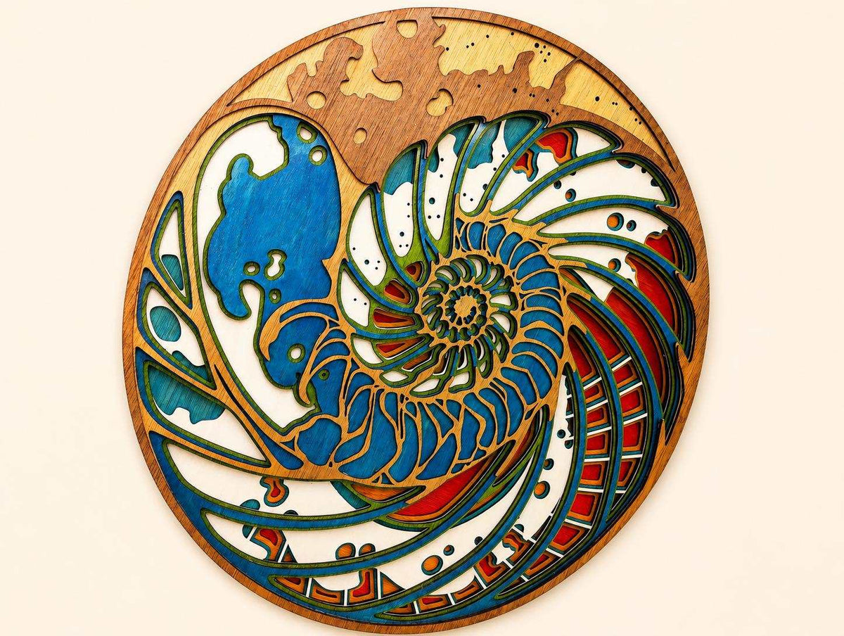 Handmade layered nautilus shell wood wall art with vibrant coastal colors