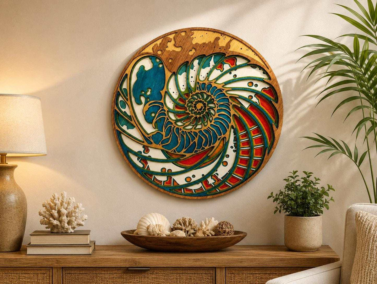 Handmade layered nautilus shell wood wall art with colorful coastal design