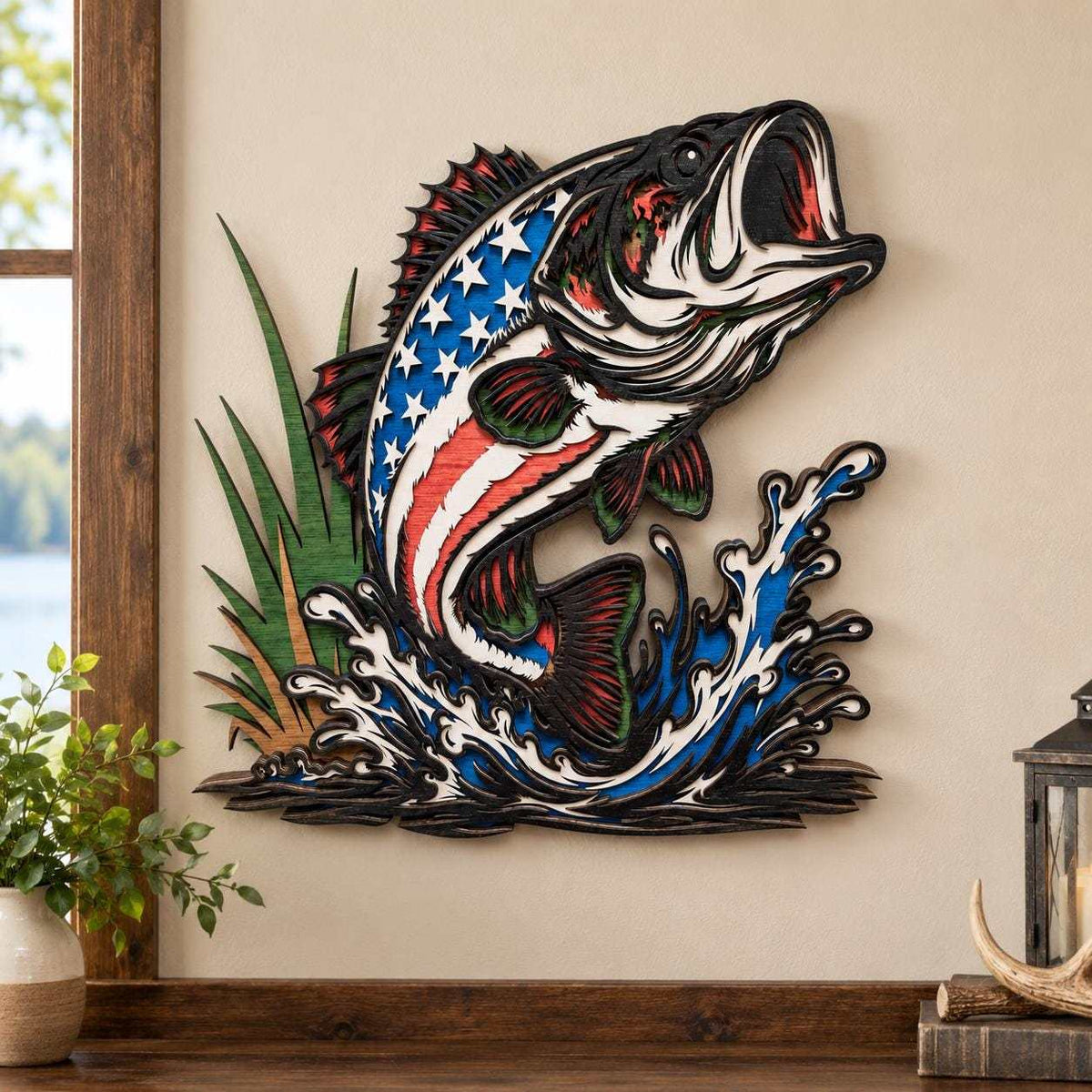 Patriotic largemouth bass wood wall art featuring American flag design with leaping bass and water splashes