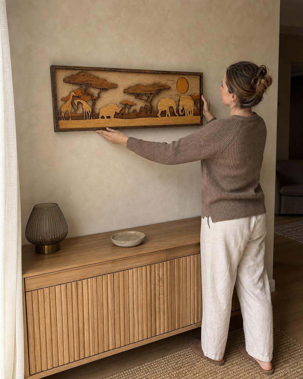 3D jungle scene wood wall art featuring giraffes, elephants, and acacia trees in layered handcrafted design