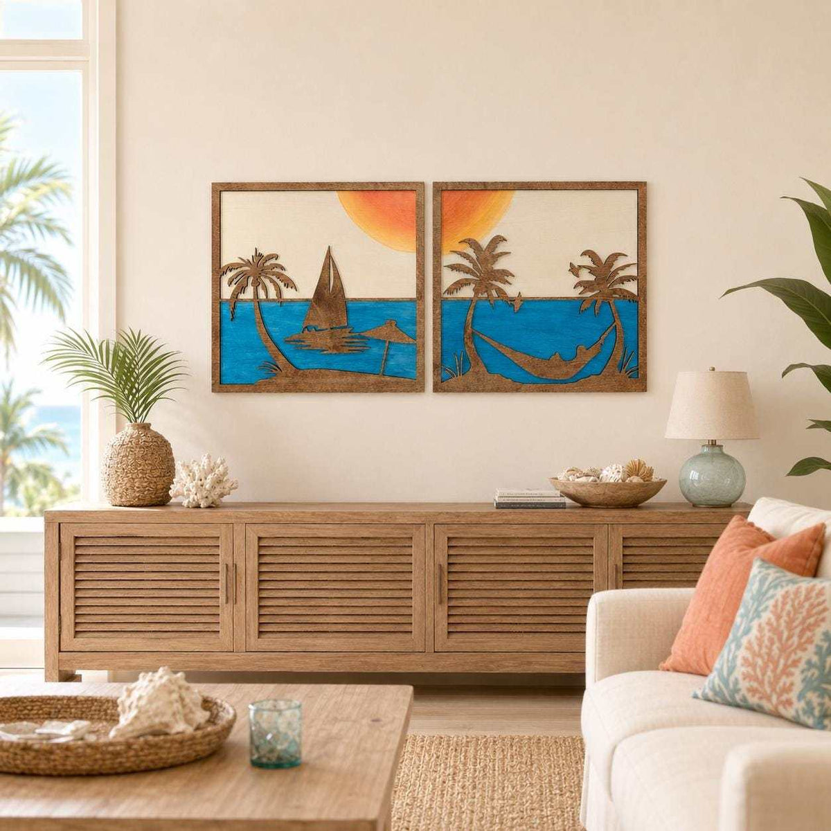 Two-panel layered wooden wall art featuring a sunset ocean scene with palm trees, sailboat, hammock, and seabirds in coastal colors.
