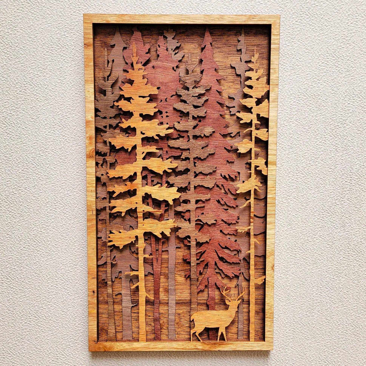 Woodland Deer Forest Shadow Box featuring layered natural wood pine trees and a deer silhouette in warm brown tones